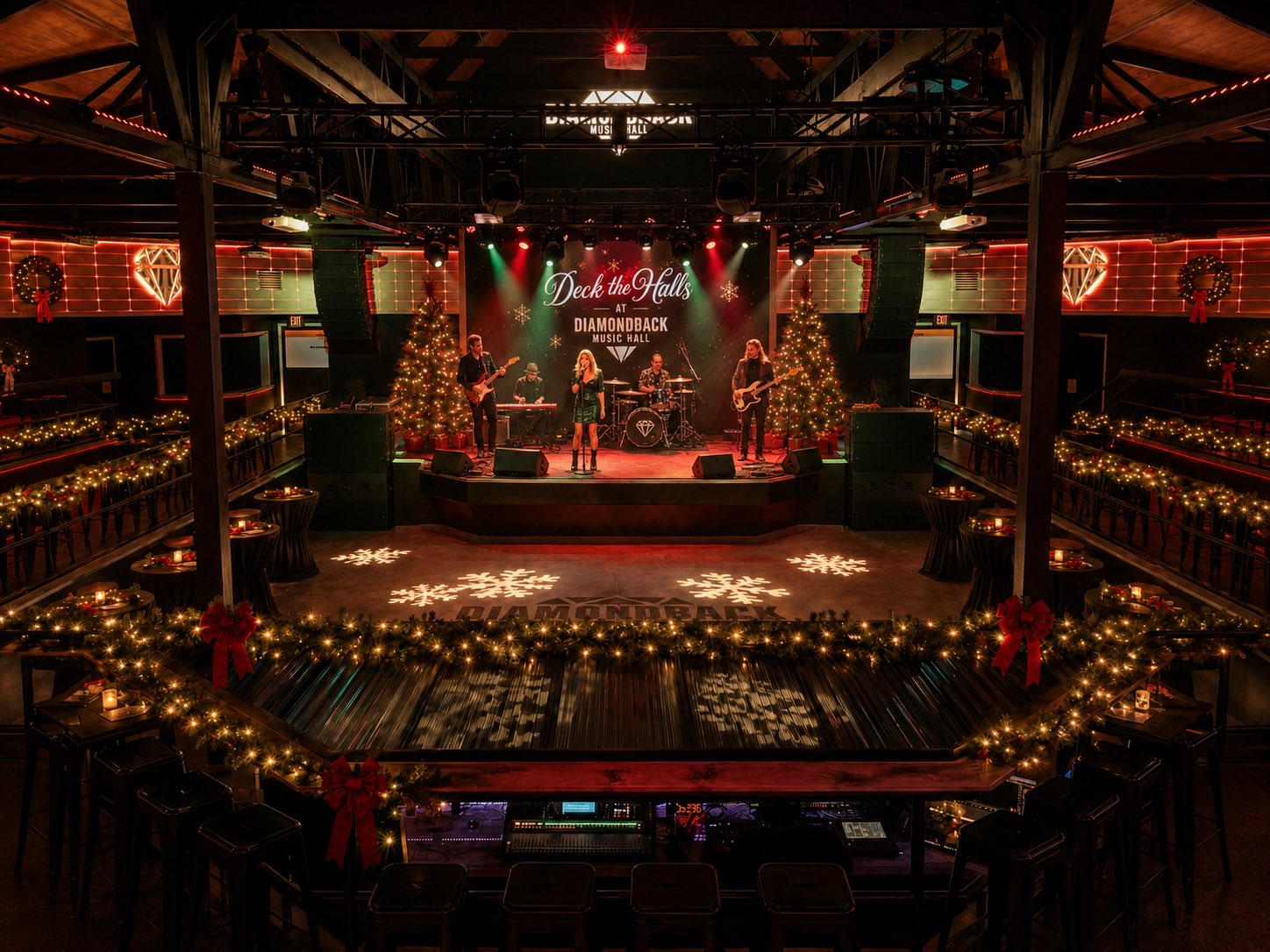 Snowflake projections across the Diamondback dance floor while the live band plays