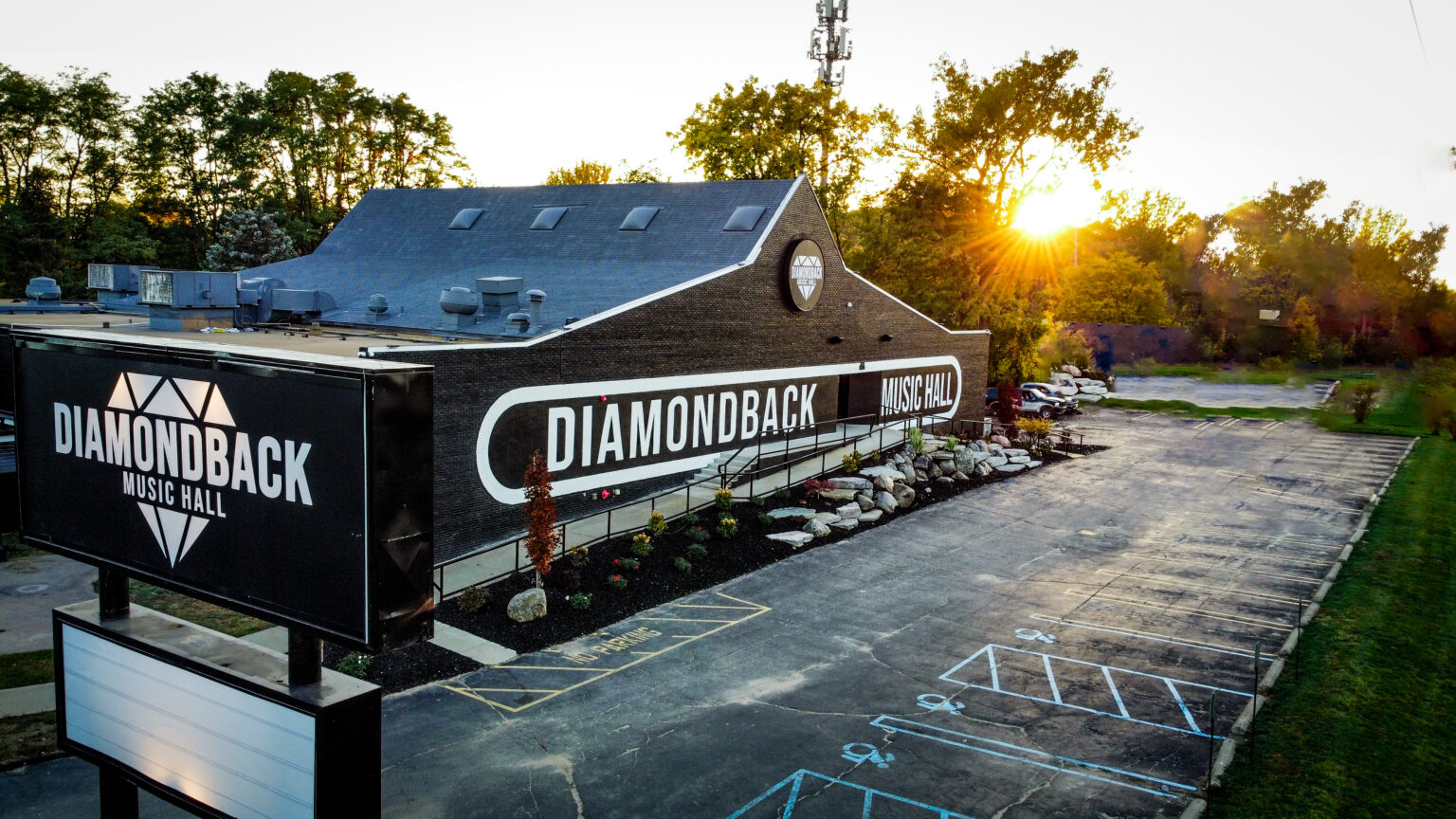 Diamondback Music Hall exterior at sunset, right off I-94