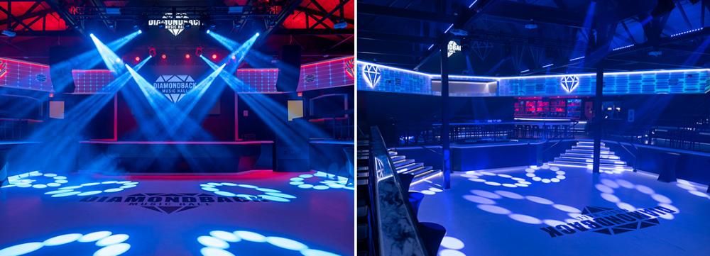 Dance floor lit with moving lights and projection