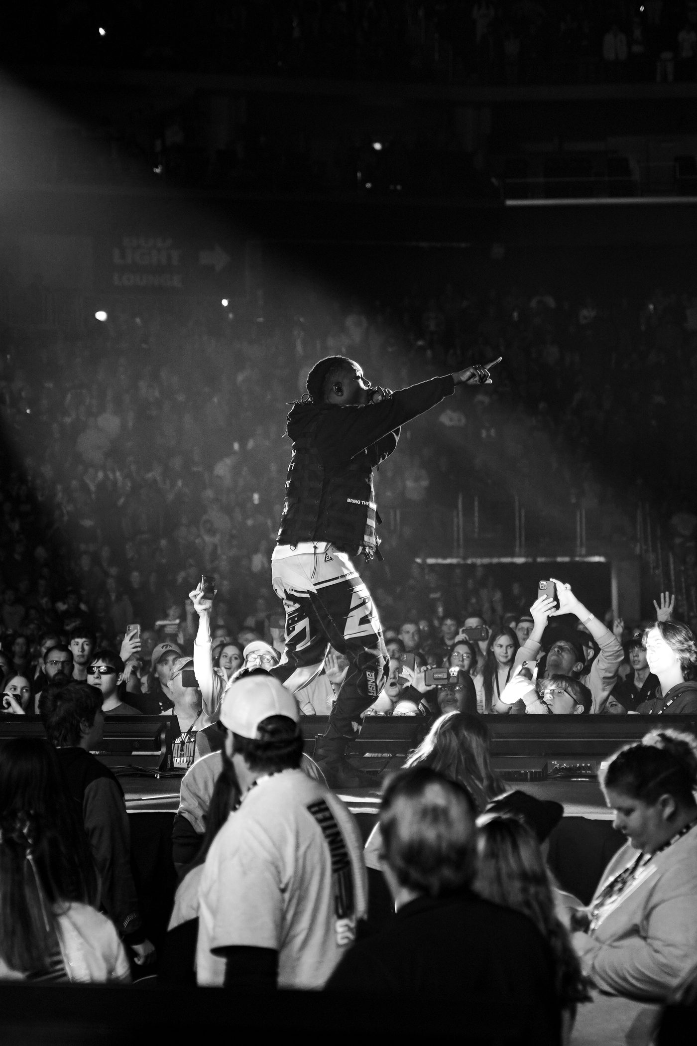 KB pointing at the crowd from the stage