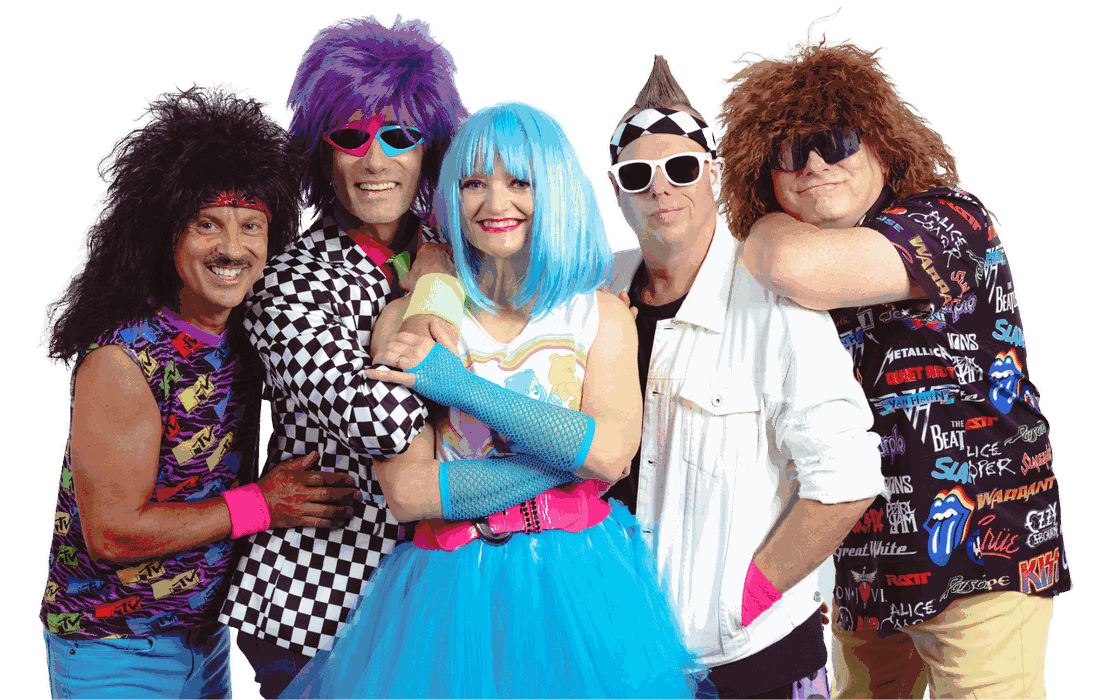 The 1985 band promo photo in 80s costumes