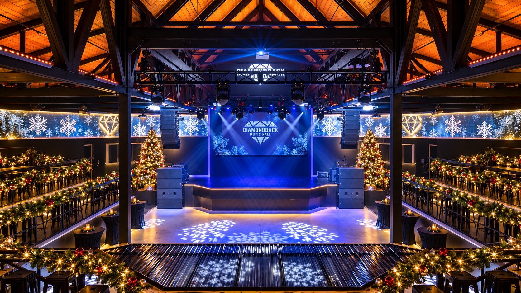 Holiday party projection mapping with snow and lights at Diamondback Music Hall