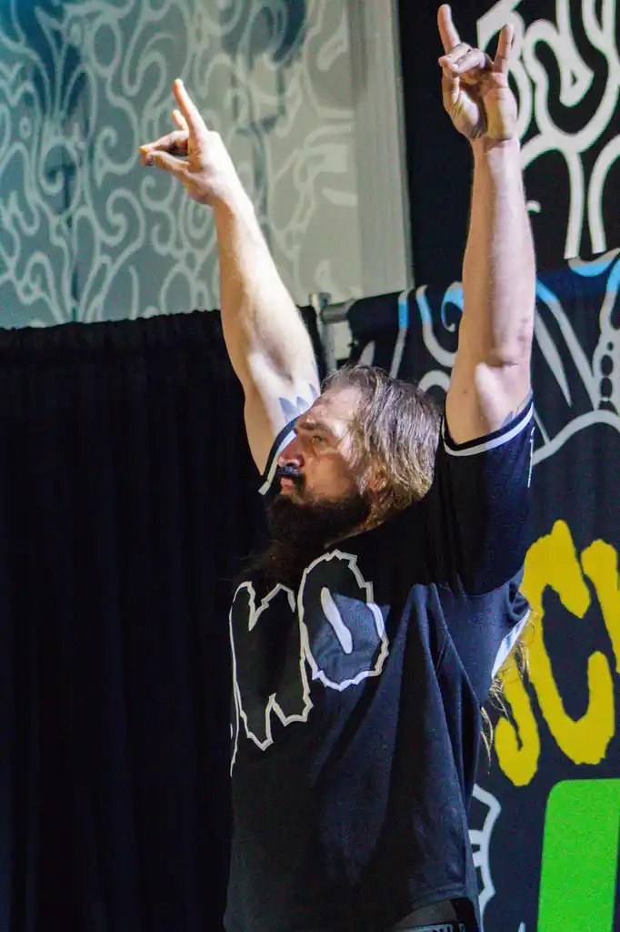 Fans throwing up their hands at ringside